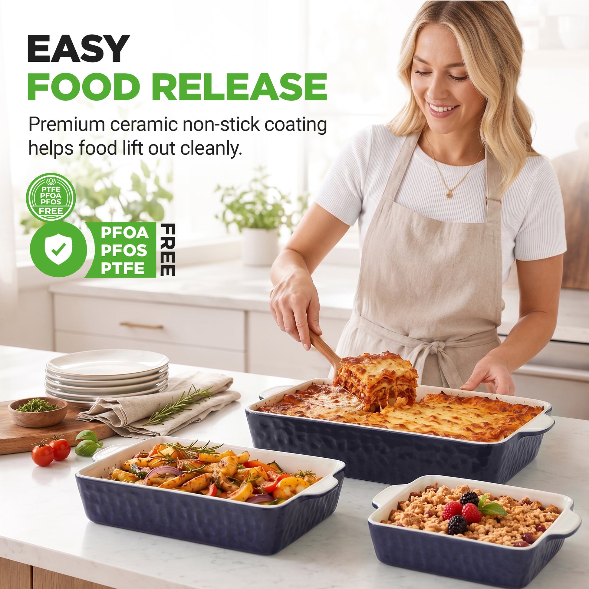 Woman in a kitchen with ceramic baking dishes, highlighting easy food release feature.