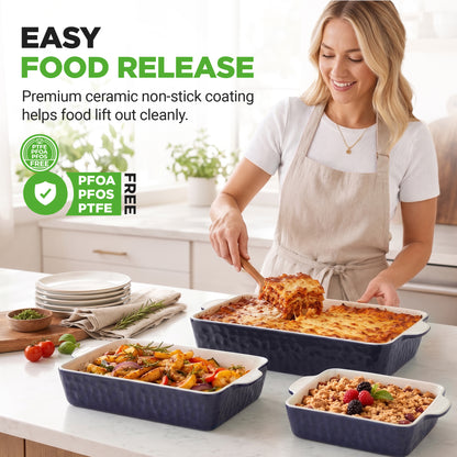 Woman in a kitchen with ceramic baking dishes, highlighting easy food release feature.