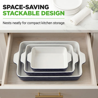 3-Piece Ceramic Casserole Dish Set – Nonstick Baking Pans with Handles, Red