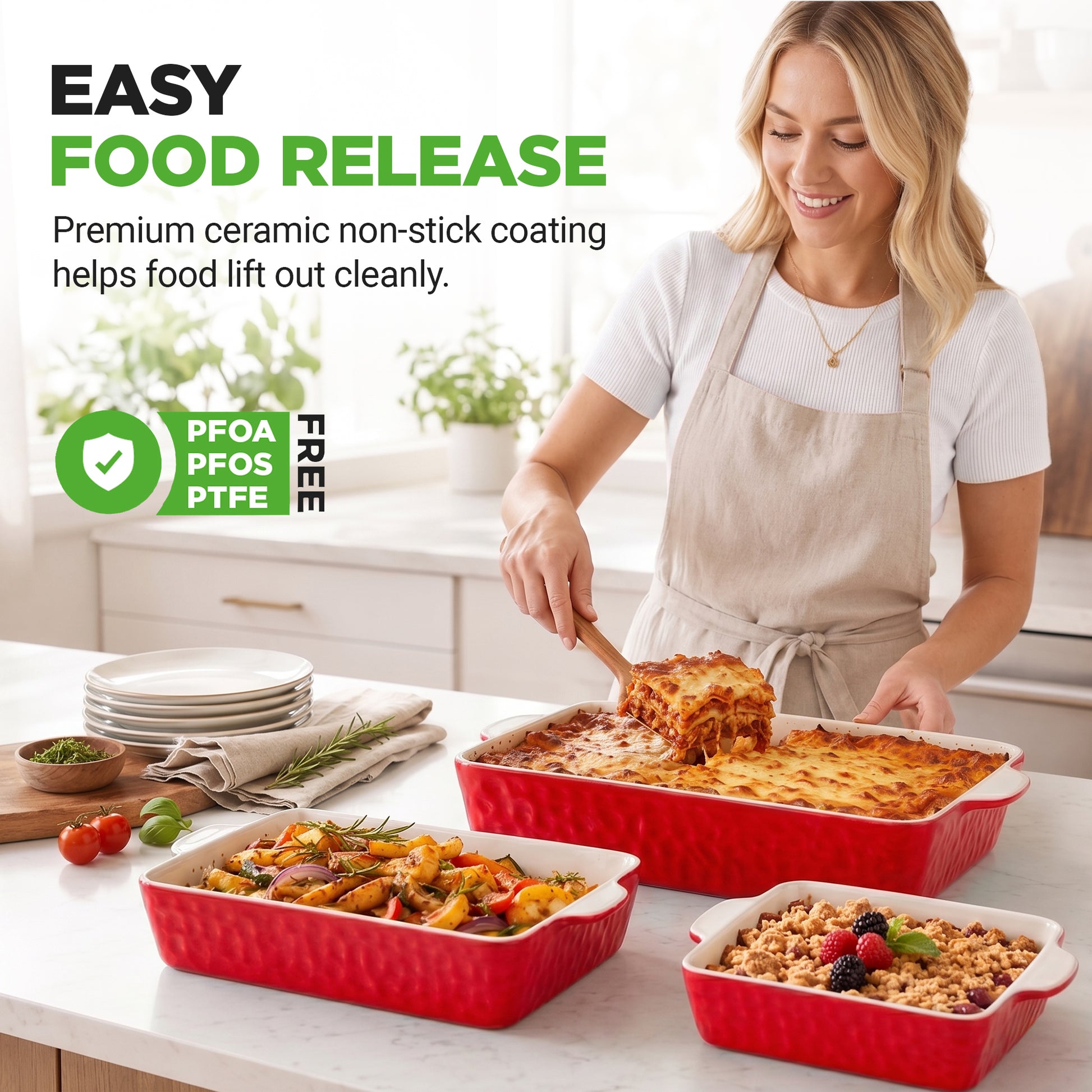 Woman in a kitchen using red ceramic baking dishes with text about easy food release and non-stick coating.