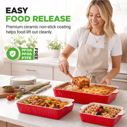 Woman in a kitchen using red ceramic baking dishes with text about easy food release and non-stick coating.