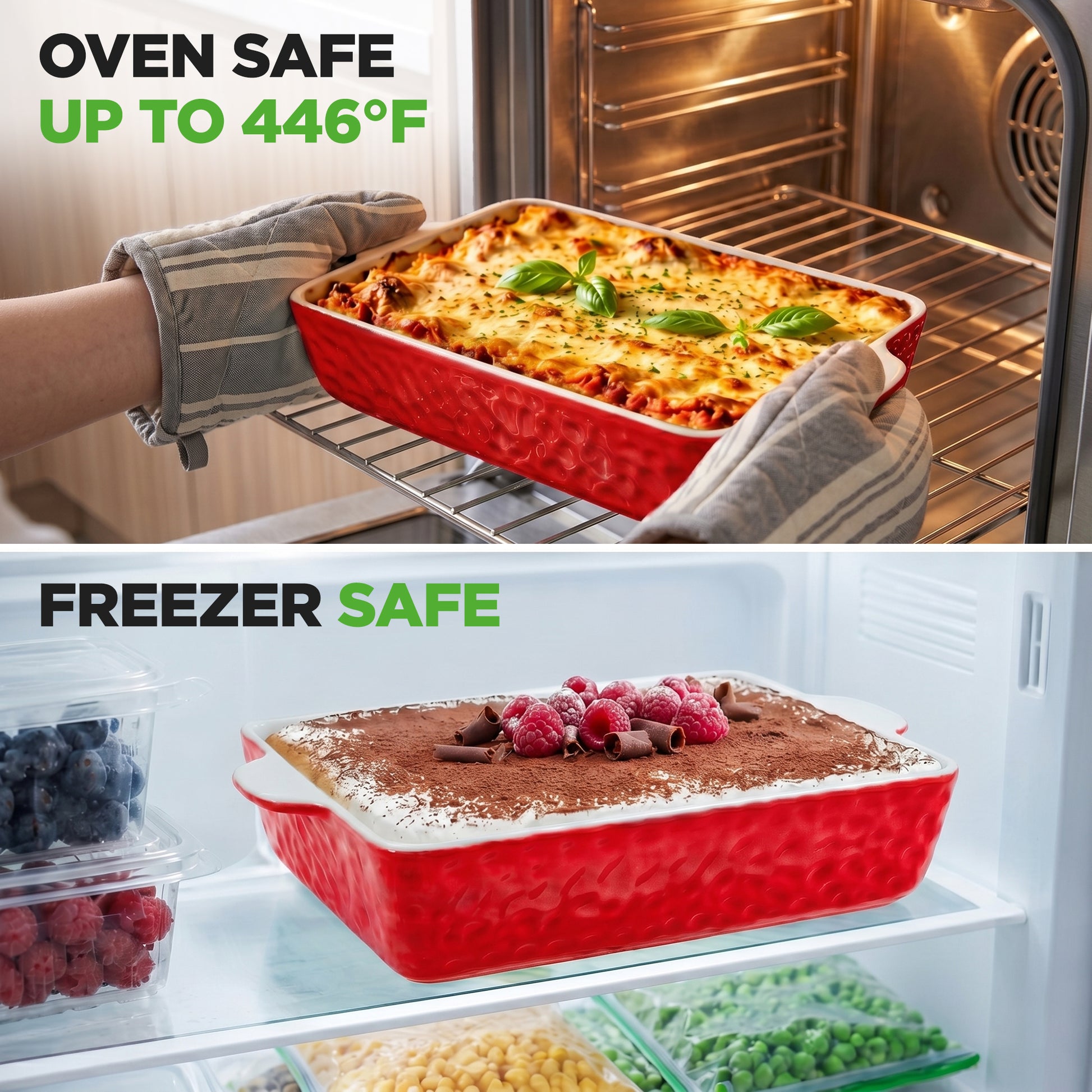 Red oven-safe dish with food being taken out of an oven and placed in a freezer.