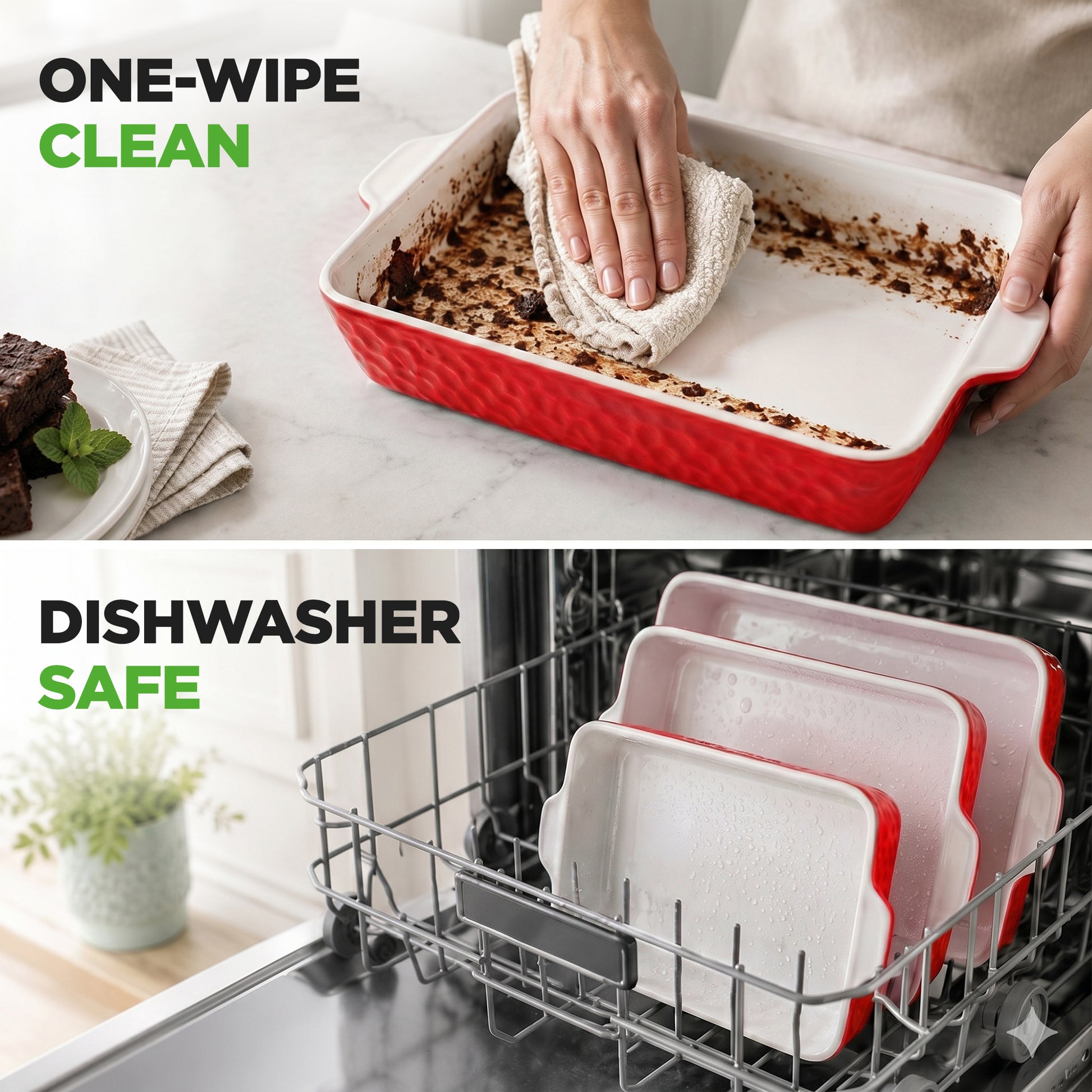 Red baking dish with food residue being wiped clean, followed by dishwasher safe storage.