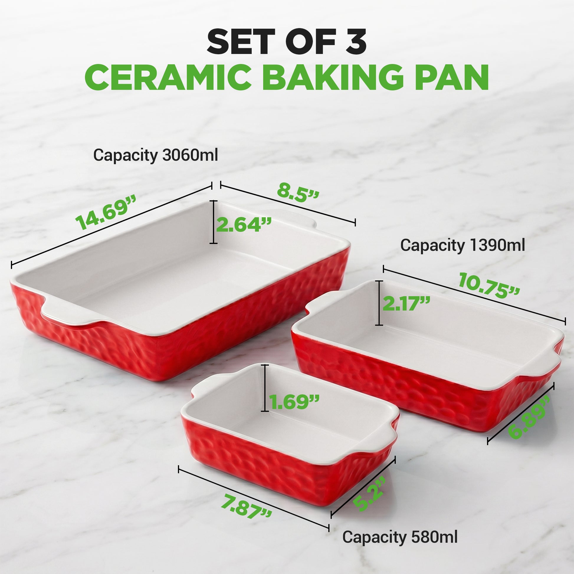 Set of 3 red and white ceramic baking pans with overlaid dimensions and capacity measurements on a light marble background.