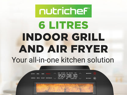 Nutrichef 6 litres indoor grill and air fryer with visible cooking interior on a white background.