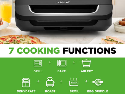 NutriChef air fryer with 7 cooking functions displayed on a kitchen counter.