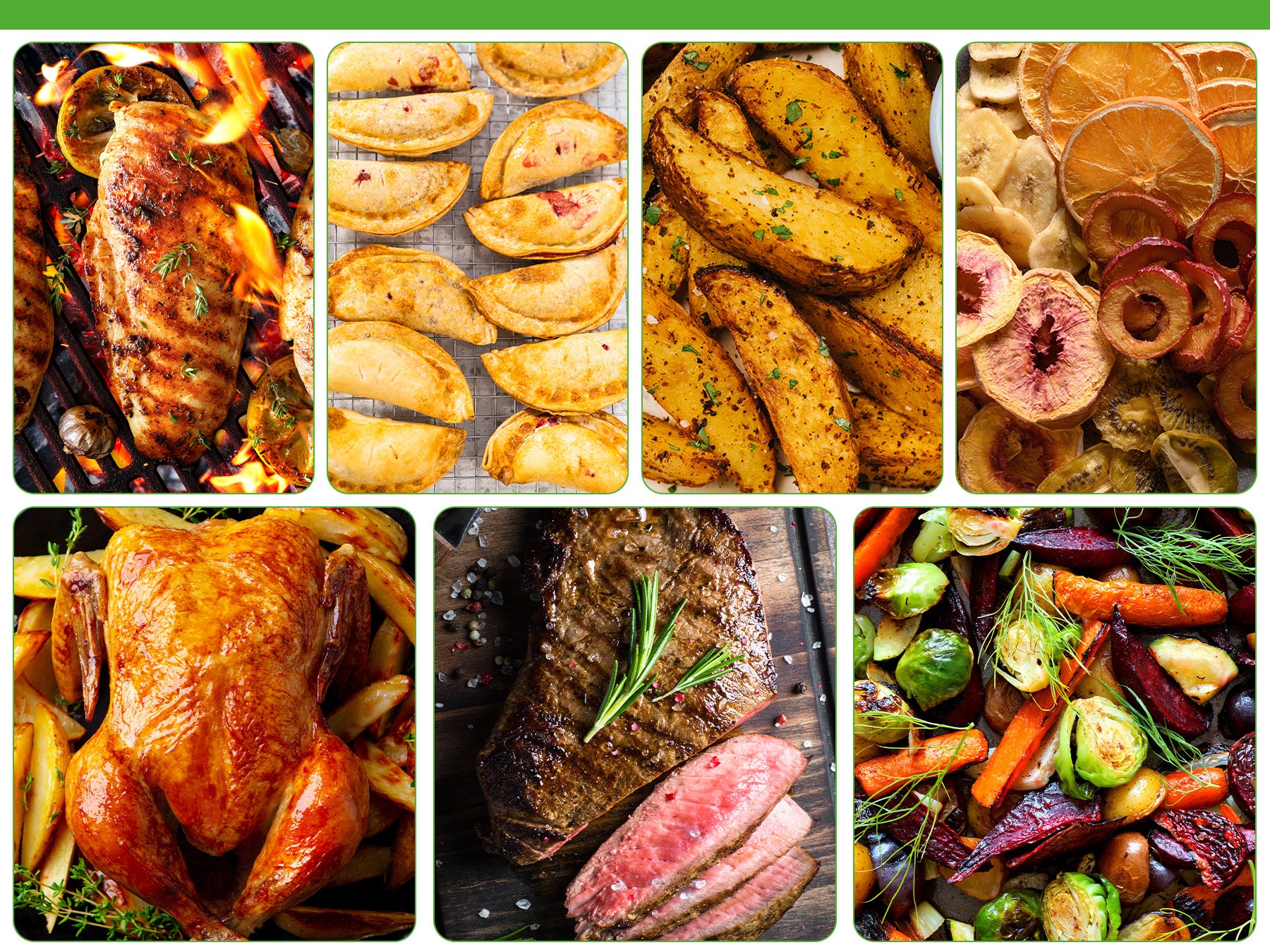 Collage of various food items including roasted meats, vegetables, and baked goods.