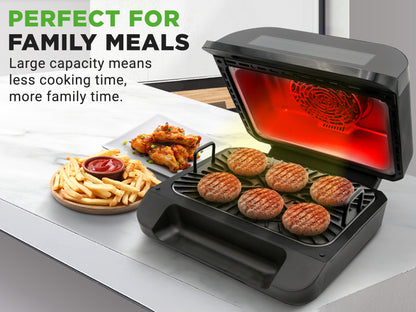 Black indoor grill with food on a white surface, text about family meals.