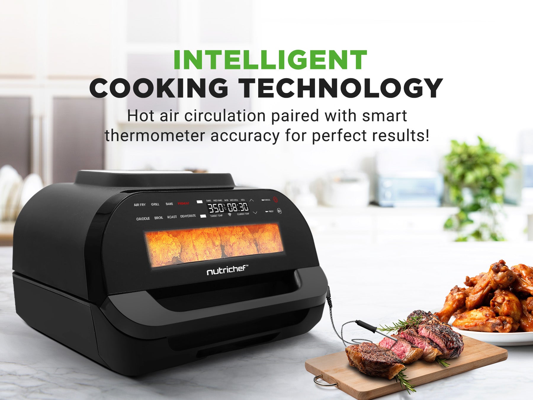 NutriChef smart air fryer with cooked food on a kitchen counter, featuring intelligent cooking technology text.