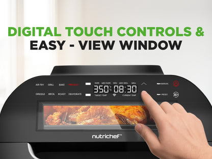 NutriChef digital oven with touch controls and easy-view window, showing a hand interacting with the display.