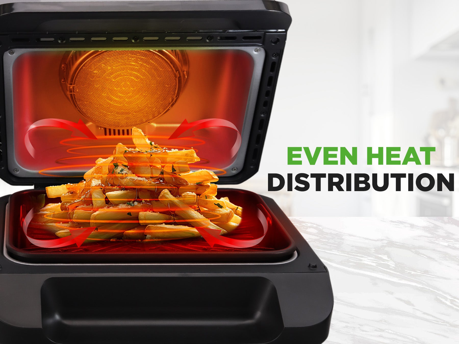 Hot air fryer with fries inside, showing even heat distribution.