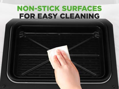 Person cleaning a black non-stick surface with text 'Non-Stick Surfaces for Easy Cleaning'.