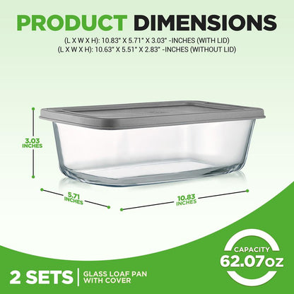 2 ensembles de moules à pain en verre borosilicate avec couvercle - poignées de préhension pour un transport facile du four chaud à la table, sans BPA 