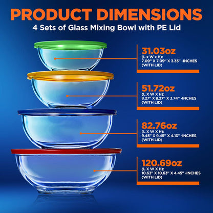 4 Sets Of High Borosilicate Glass Mixing Bowl With Lids, Space-Saving Nesting Bowls