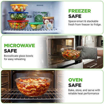 Three-panel promotional graphic showing clear glass bowls with colorful lids used for storing fresh produce in a freezer, reheating in a microwave, and baking/serving a baked dish in an oven. Text labels read FREEZER SAFE, MICROWAVE SAFE, and OVEN SAFE.