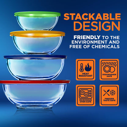 4 Sets Of High Borosilicate Glass Mixing Bowl With Lids, Space-Saving Nesting Bowls