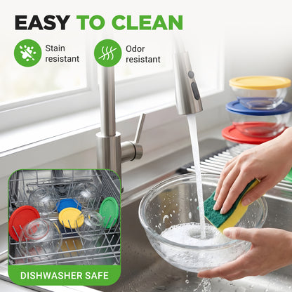Person washing a bowl with a sponge, showing stain-resistant and odor-resistant properties, and dishwasher safe feature.