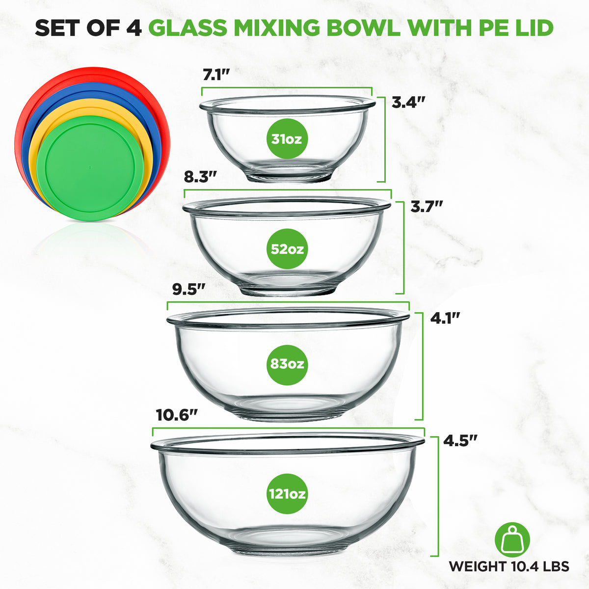 Set of four clear glass mixing bowls with PE lids, shown with dimensions and weights on a white marble background. The bowls come in red, yellow, blue, and green sizes, with text indicating a 4-piece set.
