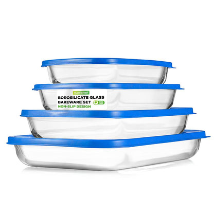 4 Sets Of High Borosilicate Rectangular Glass Bakeware Set With Pe Lid (Blue)