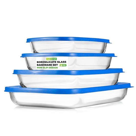 4 ensembles de plats de cuisson rectangulaires en verre borosilicate avec couvercle en PE (bleu) 