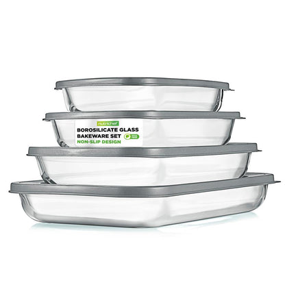 4 ensembles de plats de cuisson rectangulaires en verre borosilicaté avec couvercle en PE (gris) 
