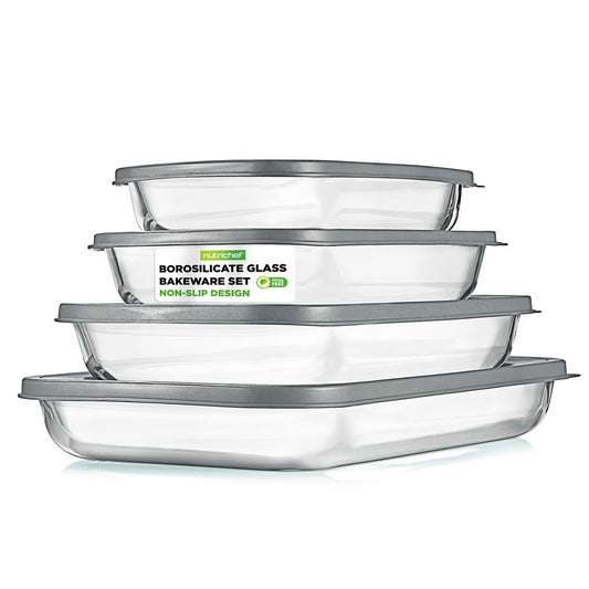 4 ensembles de plats de cuisson rectangulaires en verre borosilicaté avec couvercle en PE (gris) 