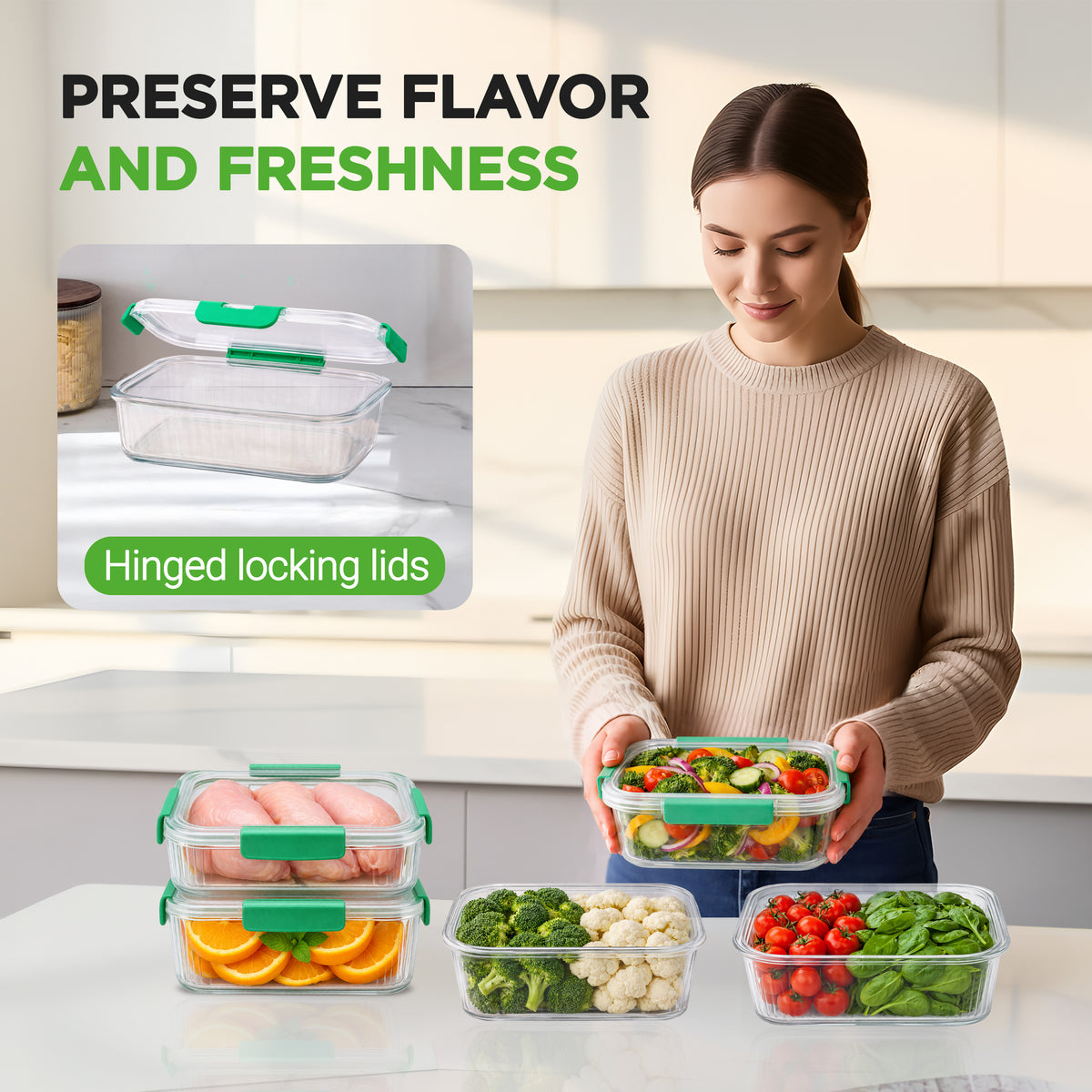 A woman in a beige sweater holds a clear rectangular food storage container with a green hinged lid on a kitchen counter, with three more stacked containers below containing food. Text at the top reads 'PRESERVE FLAVOR AND FRESHNESS' and 'Hinged locking lids.