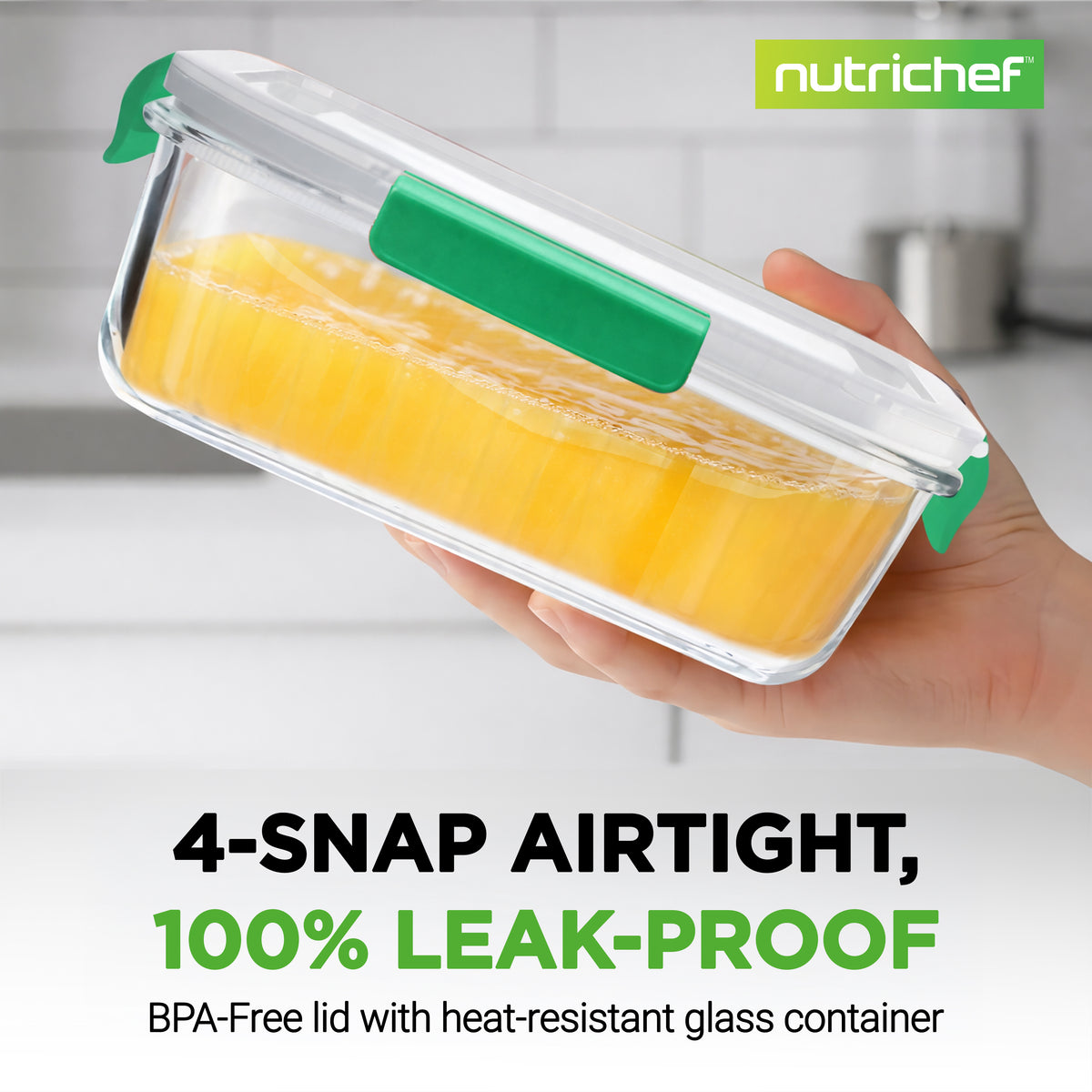 A hand holds a clear glass storage container with a transparent lid and bright green snap closures, filled with orange juice. The background is a softly blurred kitchen setting, and the image includes the brand name 'nutrichef' and marketing text about leak-proof 4-snap lid functionality.