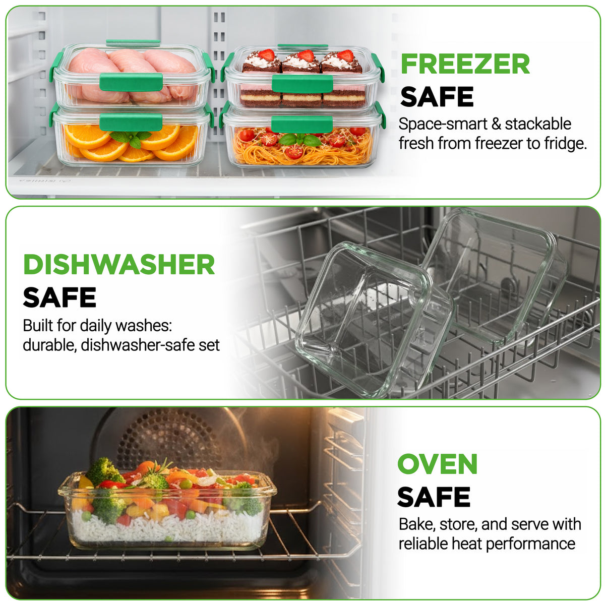A three-panel promotional graphic showing clear glass food storage containers with green lids in different use cases: frozen meats and pasta in a freezer drawer, stacked in a dishwasher rack, and a glass dish inside an oven. Text reads FREEZER SAFE, DISHWASHER SAFE, and OVEN SAFE.