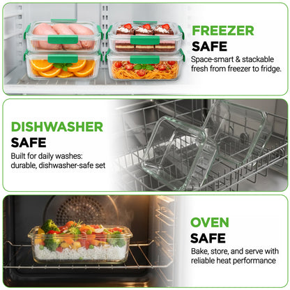 A three-panel promotional graphic showing clear glass food storage containers with green lids in different use cases: frozen meats and pasta in a freezer drawer, stacked in a dishwasher rack, and a glass dish inside an oven. Text reads FREEZER SAFE, DISHWASHER SAFE, and OVEN SAFE.