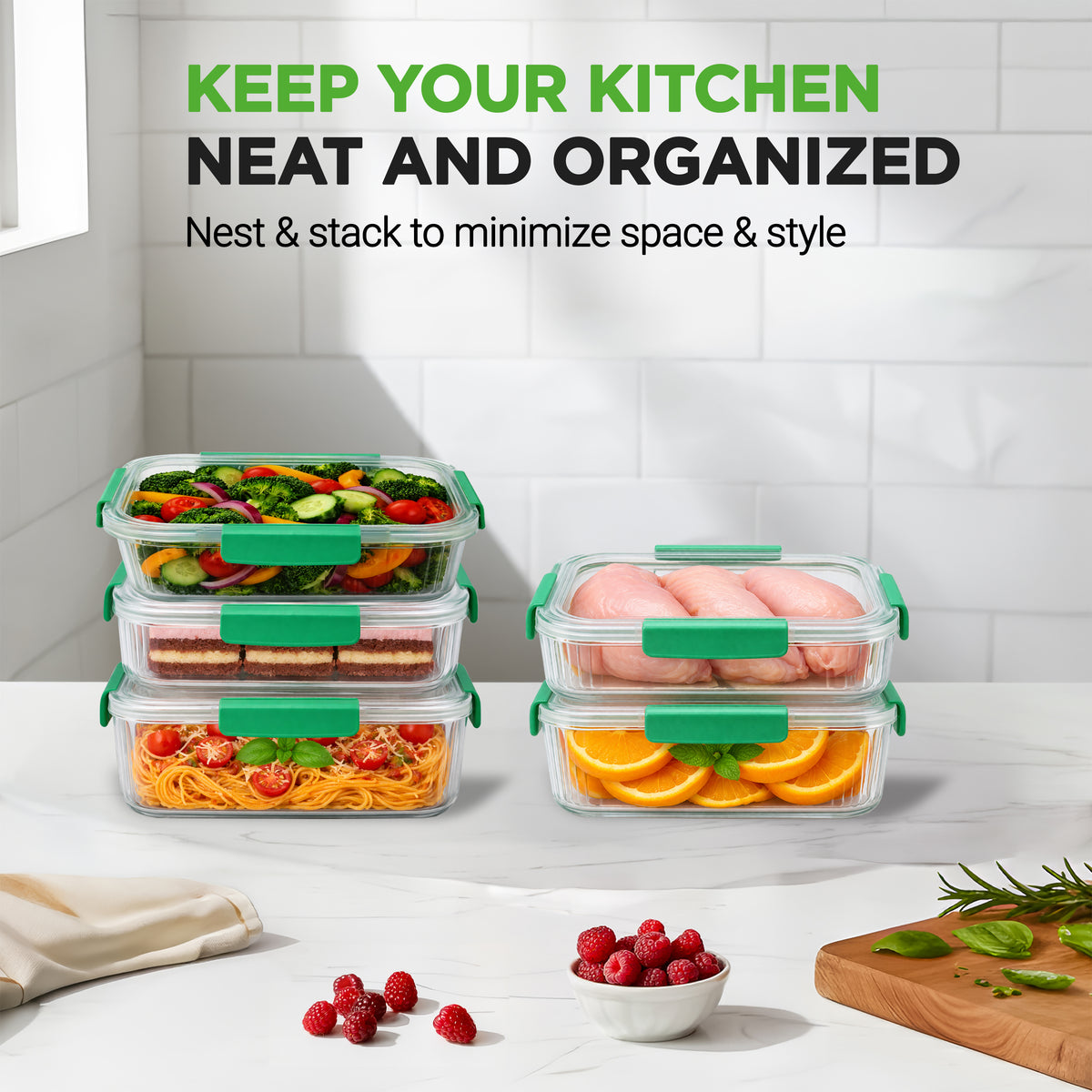 Four clear plastic storage containers with green lids are arranged on a kitchen counter, stacked with colorful salads, sandwiches, pasta, and sliced oranges. Large text at the top reads, 'KEEP YOUR KITCHEN NEAT AND ORGANIZED' with smaller supporting text below.