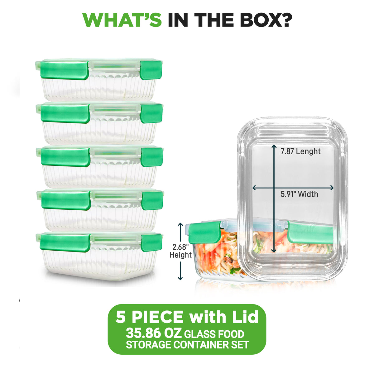 A 5-piece glass food storage container set with green lids, shown on a white background with text reading 'WHAT'S IN THE BOX?' and dimension callouts on one container.