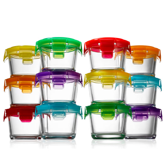 A set of clear glass food storage containers with brightly colored lids in yellow, orange, red, green, blue, and purple, arranged in three rows on a white background.