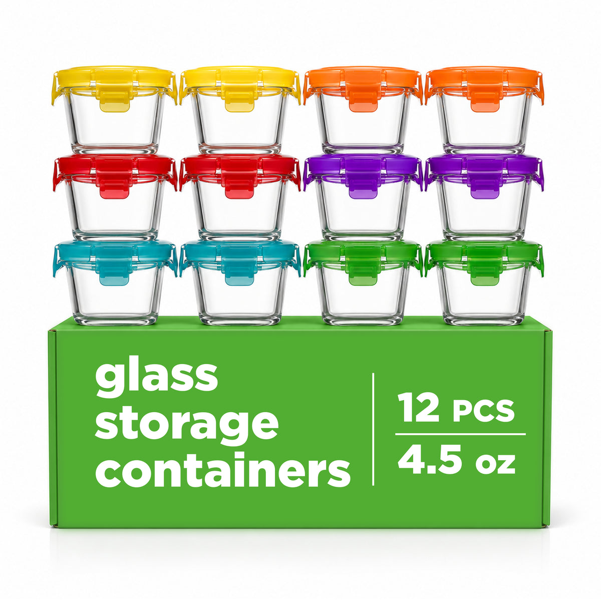 Twelve small clear glass storage containers with colorful lids arranged on top of a bright green box labeled 'glass storage containers 12 PCS 4.5 oz'.