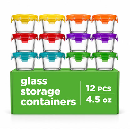 Twelve small clear glass storage containers with colorful lids arranged on top of a bright green box labeled 'glass storage containers 12 PCS 4.5 oz'.