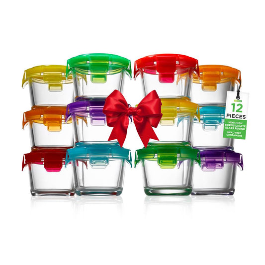 12 Pcs. Mini Contenants Ronds en Verre Borosilicate Élevé pour Préparation de Repas avec Couvercle Hermétique, 4Oz 