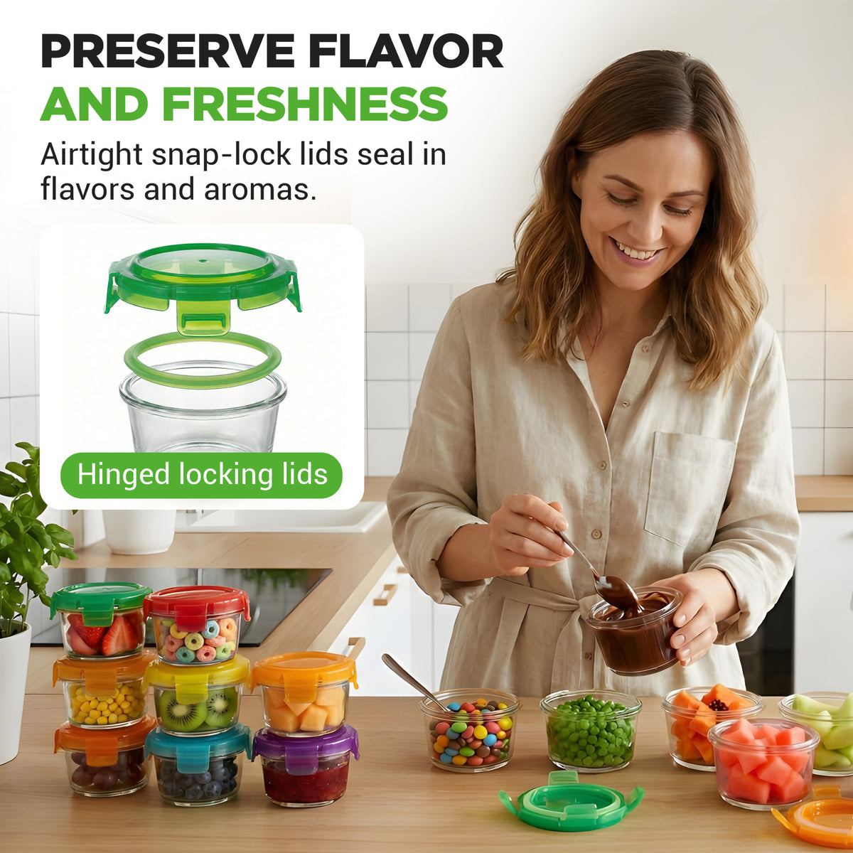 Woman in a kitchen with food storage containers and text about preserving flavor and freshness.