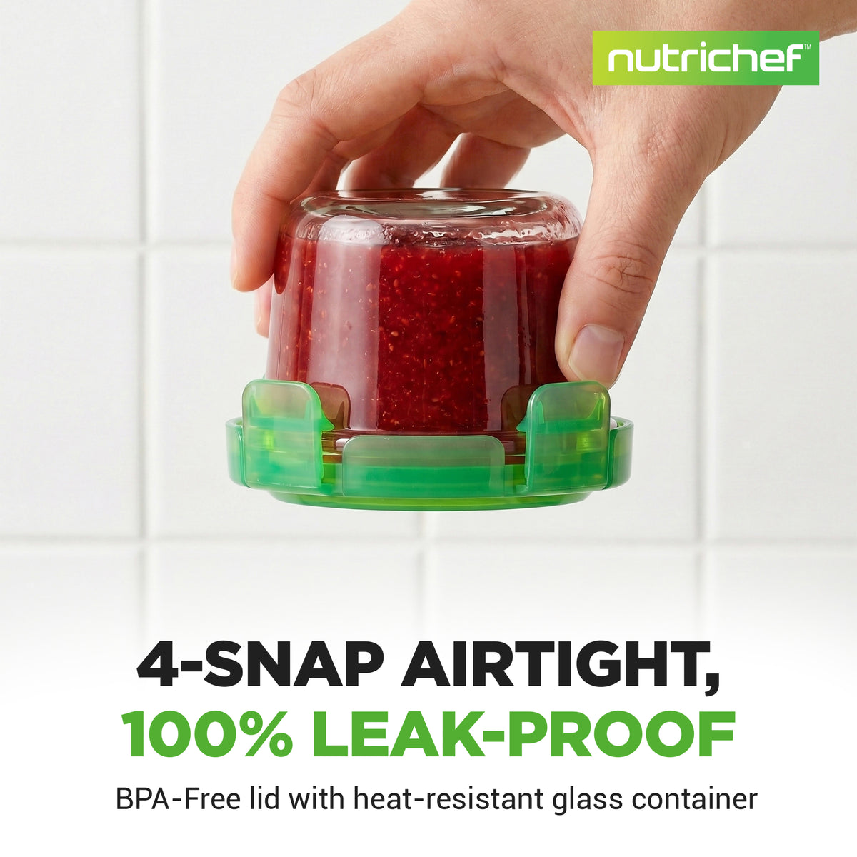 A hand holding a clear glass container with a green airtight snap lid, shown against a white tiled kitchen background with text reading '4-SNAP AIRTIGHT, 100% LEAK-PROOF' and 'BPA-Free lid with heat-resistant glass container.' The nutrichef logo appears in the top right.