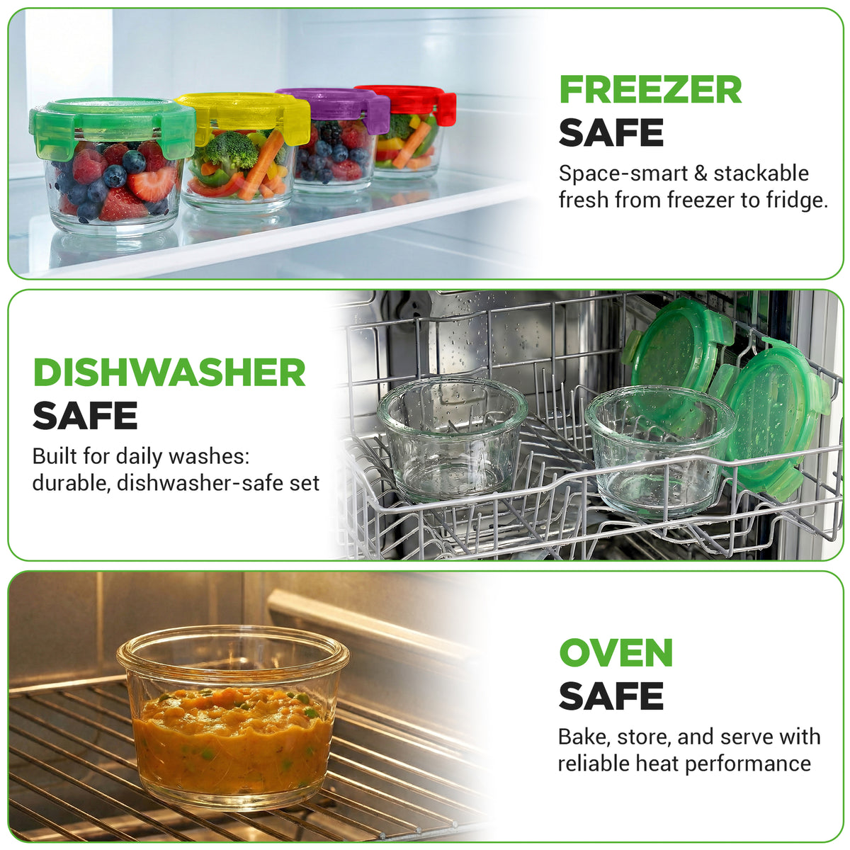 A four-panel promotional graphic showing clear glass storage containers with colorful lids in use: stacked in a freezer shelf, inside a dishwasher rack, on a baking tray, and containing cooked food. Text labels read FREEZER SAFE, DISHWASHER SAFE, and OVEN SAFE.