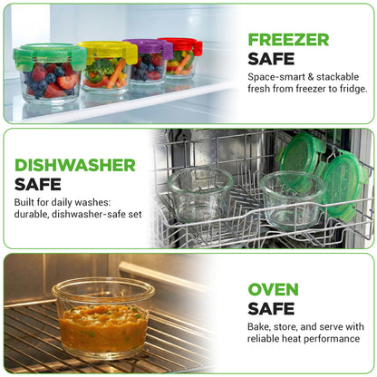 A four-panel promotional graphic showing clear glass storage containers with colorful lids in use: stacked in a freezer shelf, inside a dishwasher rack, on a baking tray, and containing cooked food. Text labels read FREEZER SAFE, DISHWASHER SAFE, and OVEN SAFE.