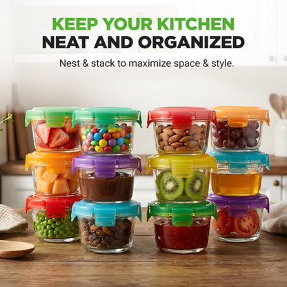 Nine glass food storage containers with colorful lids are stacked and filled with various fruits, candies, and nuts on a wooden table. Promotional text at the top reads 'KEEP YOUR KITCHEN NEAT AND ORGANIZED'.