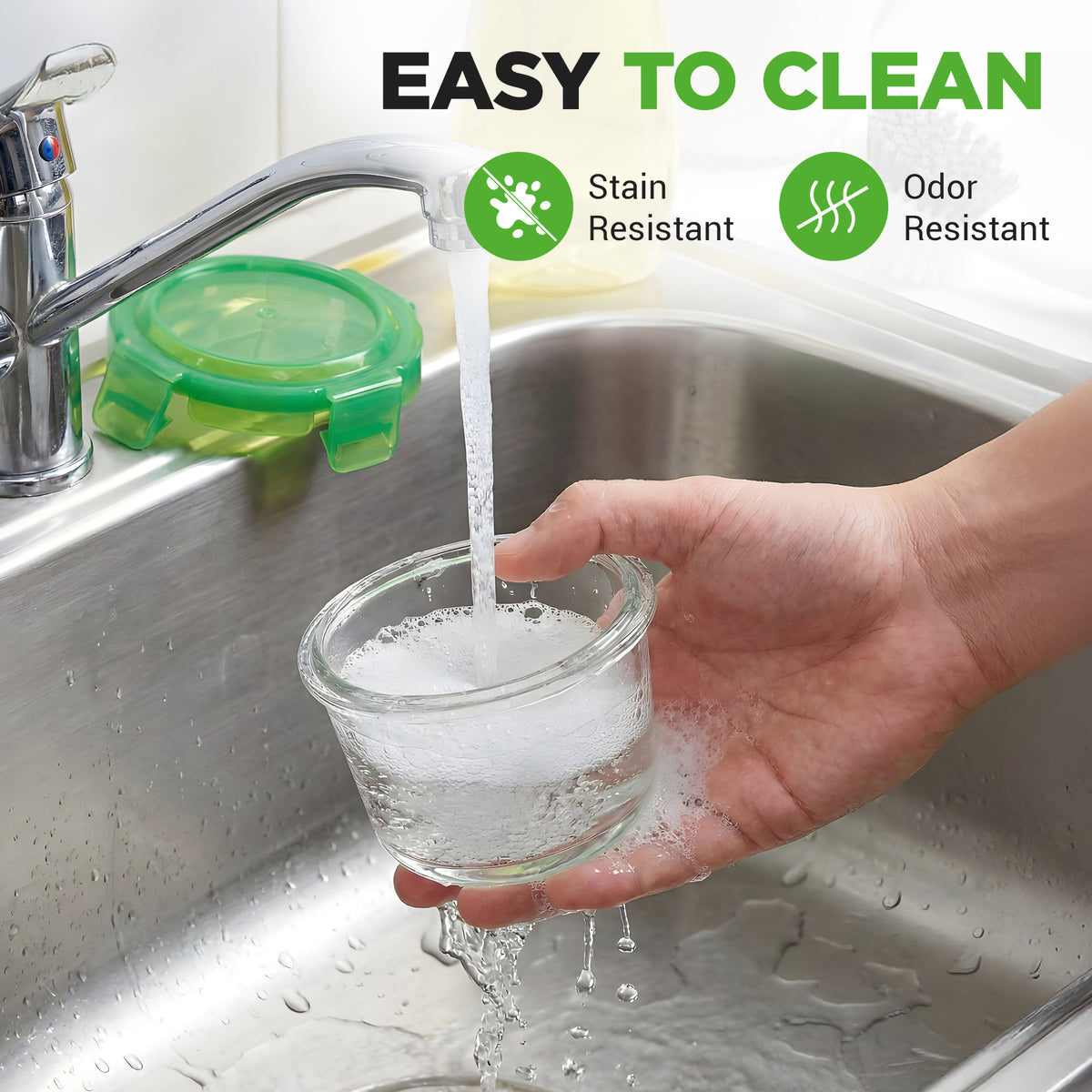 Hand washing a glass under running water with text 'Easy to Clean' and icons for stain resistance and odor resistance.