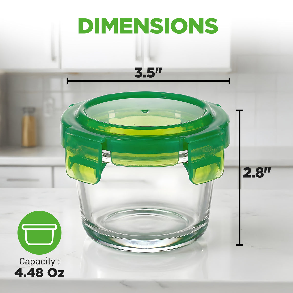 A clear glass storage container with a green lid shown on a kitchen counter with overlaid dimension lines and text reading 3.5 inches, 2.