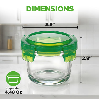 A clear glass storage container with a green lid shown on a kitchen counter with overlaid dimension lines and text reading 3.5 inches, 2.