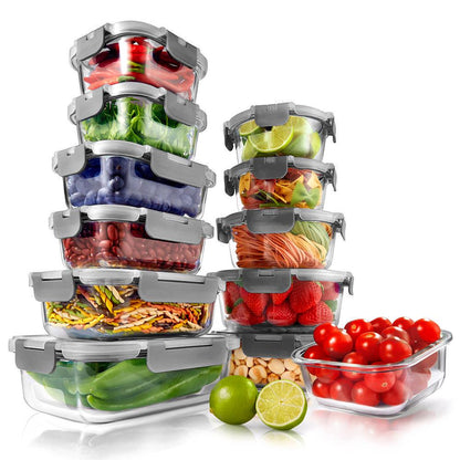 Ensemble de 24 récipients de stockage alimentaire en verre supérieur - Design empilable avec couvercles à charnières innovants sans BPA (Gris) 