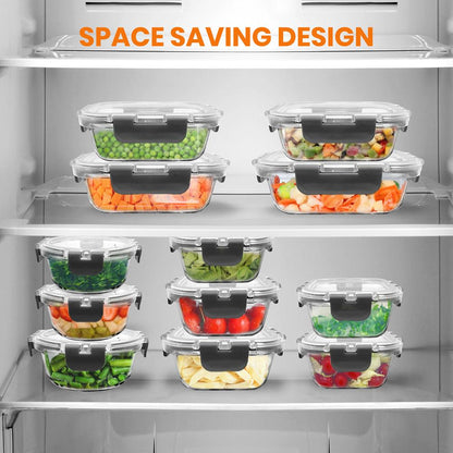 Ensemble de 24 récipients de stockage alimentaire en verre supérieur - Design empilable avec couvercles à charnières innovants sans BPA (Gris) 