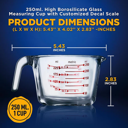 250 Ml. Tasse à mesurer en verre borosilicaté haute avec échelle de décalcomanie personnalisée 