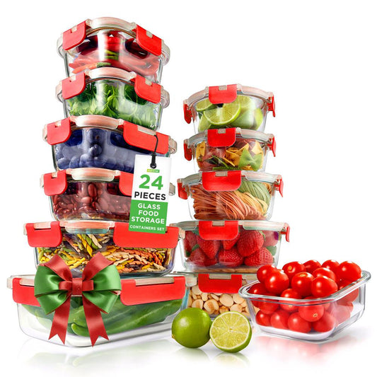 Ensemble de 24 récipients de conservation des aliments en verre supérieur - Design empilable avec couvercles à charnière innovants et sans BPA (Rouge) 