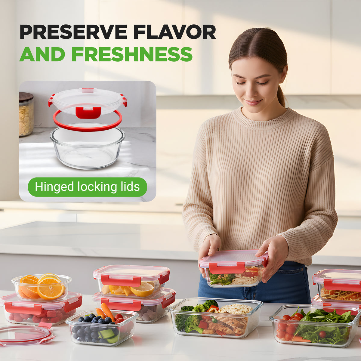 A woman in a beige sweater stands in a bright kitchen holding a clear container with a translucent lid and red hinge lock. Several other glass storage containers with red lids are arranged on the counter, along with a product inset showing a hinged locking lid on a glass bowl.