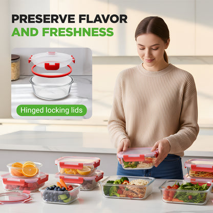 A woman in a beige sweater stands in a bright kitchen holding a clear container with a translucent lid and red hinge lock. Several other glass storage containers with red lids are arranged on the counter, along with a product inset showing a hinged locking lid on a glass bowl.